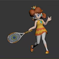 Little Girl with Orange Pigtails Running Holding Tennis Racket in Yellow Orange Dress