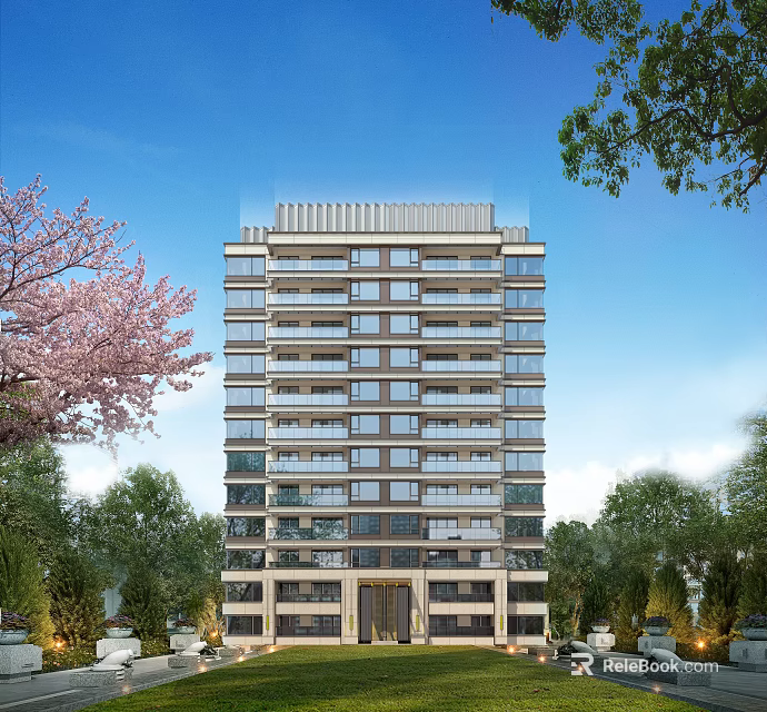 Modern High-Rise Residential Building Exterior With Cherry Blossom Trees And Blue Sky White Clouds 3d model 