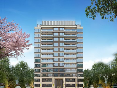 Modern High-Rise Residential Building Exterior With Cherry Blossom Trees And Blue Sky White Clouds 3d model