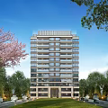 Modern High-Rise Residential Building Exterior With Cherry Blossom Trees And Blue Sky White Clouds
