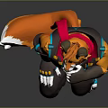 Fox Character In Orange And Blue Outfit Squatting With Hand On Mouth And Fluffy Tail