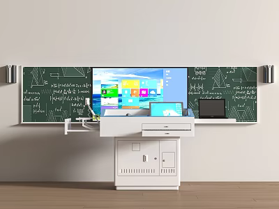 Classroom Teaching Equipment With Blackboard Large Screen And White Teacher Desk 3d model