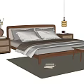 Modern Wooden Double Bed with Bedside Tables Vase Decorations Bench Rug and Books