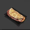 Long Pizza with Melted Cheese Tomato Sauce and Toppings on Black Plate