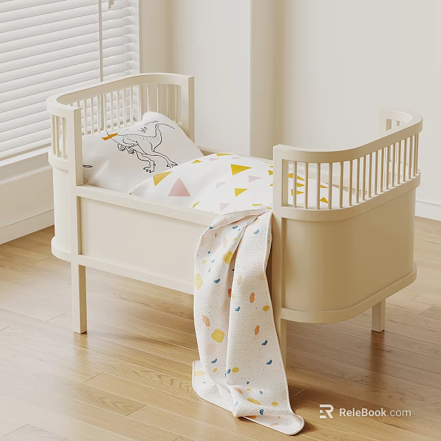 White Wooden Baby Crib With Geometric Pattern Bedding And Colorful Blanket In Bedroom 3d model 
