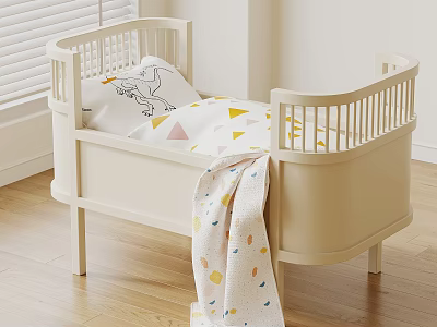 White Wooden Baby Crib With Geometric Pattern Bedding And Colorful Blanket In Bedroom 3d model