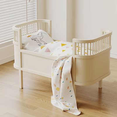 White Wooden Baby Crib With Geometric Pattern Bedding And Colorful Blanket In Bedroom 3d model
