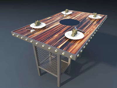 Rustic Dining Table Set With Wooden Grain Tabletop Central Hole White Plates And Metal Rivets 3d model