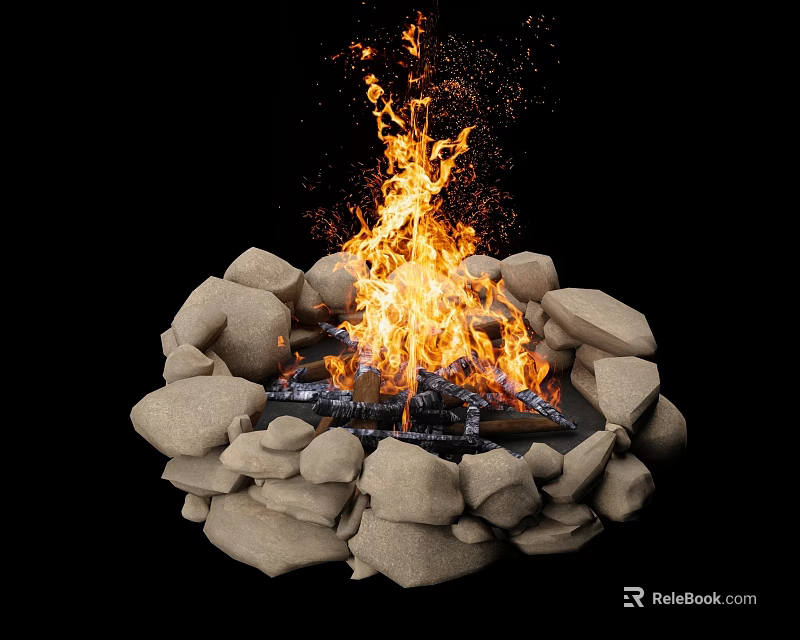 Outdoor Stone Fire Pit With Bright Flames And Burning Wood Logs 3d model 