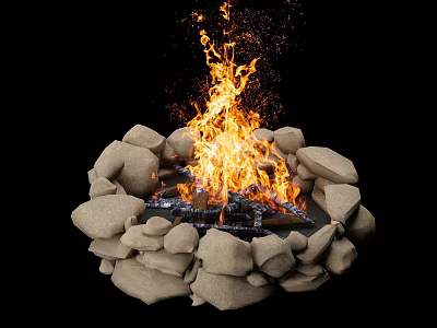 Outdoor Stone Fire Pit With Bright Flames And Burning Wood Logs 3d model