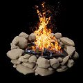 Outdoor Stone Fire Pit With Bright Flames And Burning Wood Logs