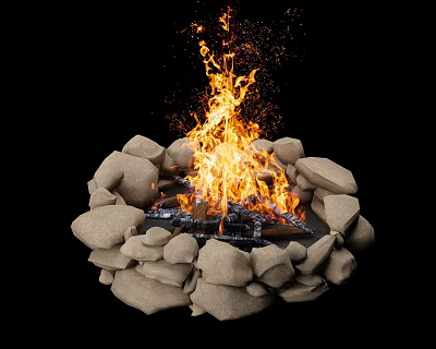 Outdoor Stone Fire Pit With Bright Flames And Burning Wood Logs 3d model