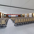 Modern Conference Room with Large Blue Seats Long Tables Ceiling Lighting Design and Speaker Platform