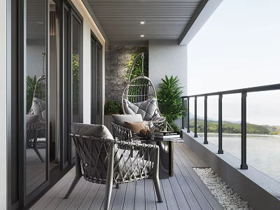 Elegant Villa Balcony with Hanging Chair Wicker Furniture Green Plants and Ocean View 3d model