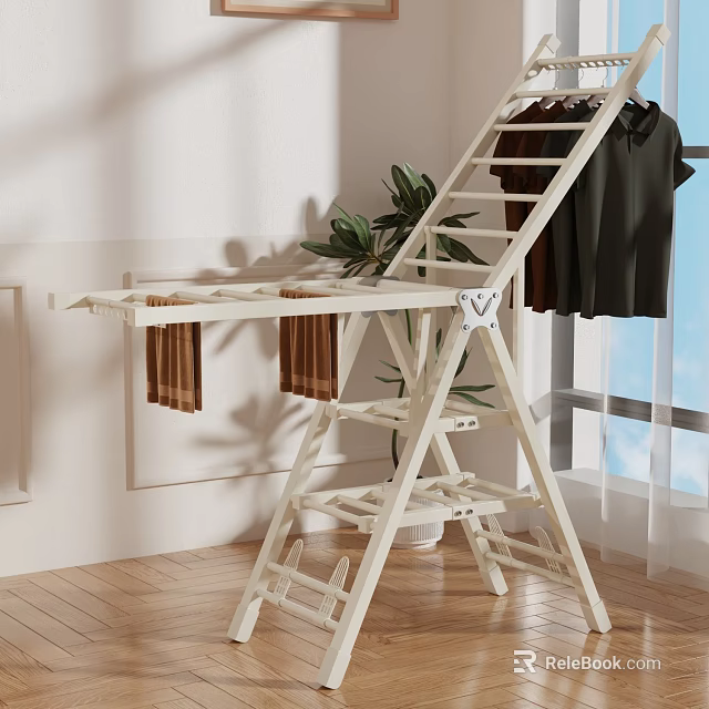 White Ladder Shelf with Hanging Clothes and Towels in Bright Room with Wooden Floor 3d model 