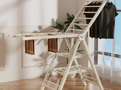 White Ladder Shelf with Hanging Clothes and Towels in Bright Room with Wooden Floor 3d model