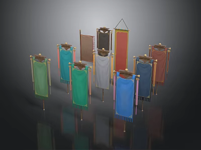 Colorful Decorative Banners with Metal Stands and Fringed Edges in Various Colors 3d model