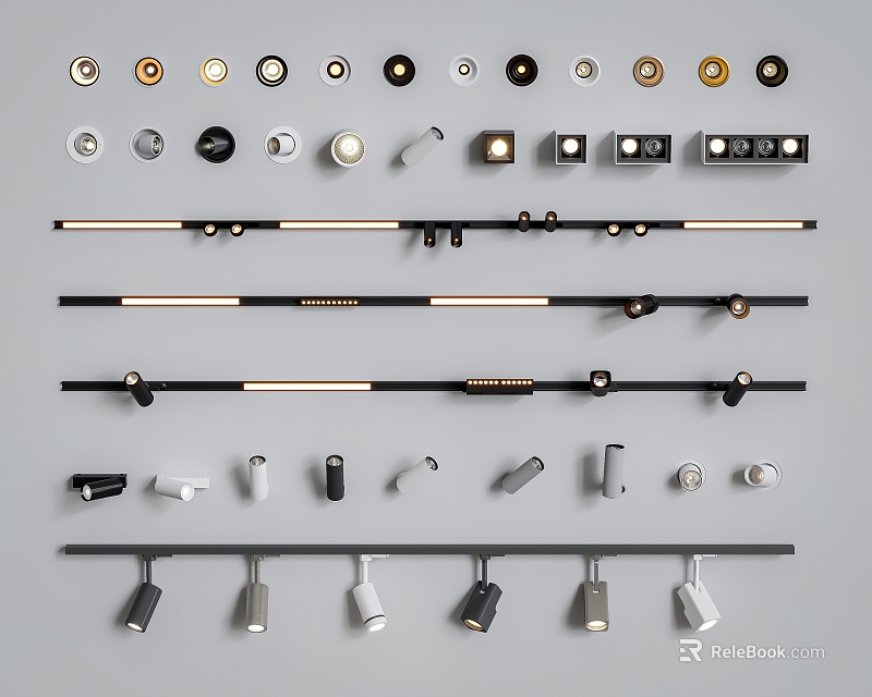 Modern Downlights And Spotlights In Various Styles With Black White Gold Colors 3d model 