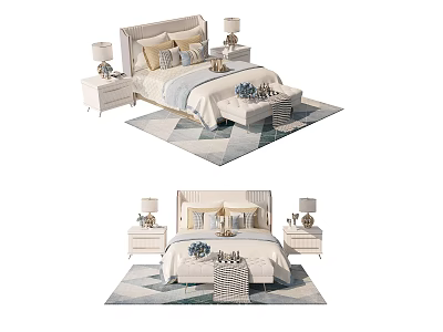 Modern Double Bed Setup With Soft Headboard Bedside Tables Lamps Pillows And Geometric Rug 3d model