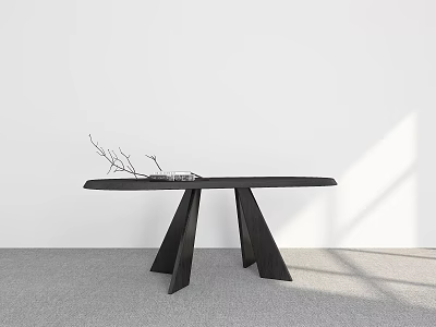 Black Dining Table with Unique Geometric Legs and Dried Branches in Minimalist Room with Light Shadows 3d model