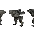 Game and Movie Character Mechanical Mech in Three Angles View With Small Figure Standing Beside
