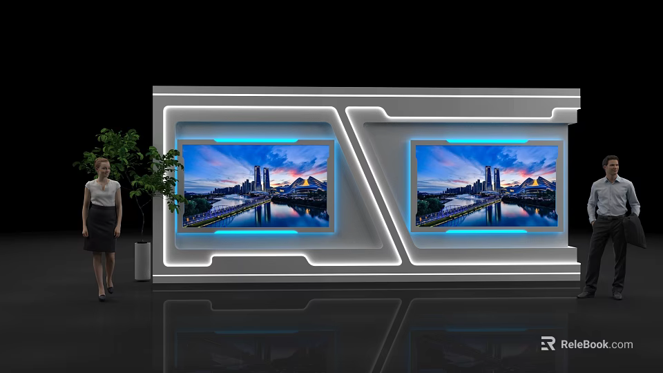 Activity Passage With Two Large Screens Displaying Cityscape And Neon Lighting 3d model 