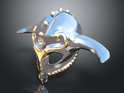 Ornate Metallic Helmet With Silver Gold Accents Spiked Rivets And Horn Like Protrusions 3d model