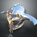 Ornate Metallic Helmet With Silver Gold Accents Spiked Rivets And Horn Like Protrusions