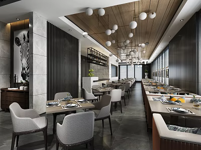 Modern Restaurant Interior With Wooden Ceiling Pendant Lights Dining Tables Chairs And Decorative Painting 3d model