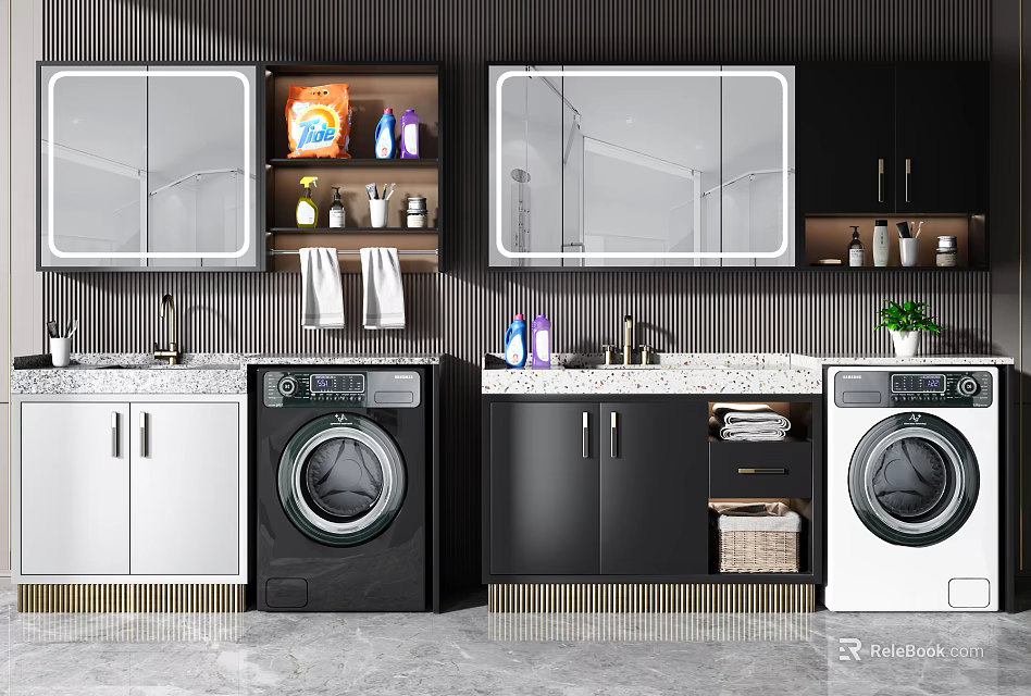 Modern Bathroom Cabinet Rack With Washing Machines Mirrors And Storage Cabinets 3d model 