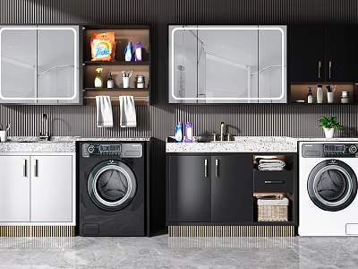 Modern Bathroom Cabinet Rack With Washing Machines Mirrors And Storage Cabinets 3d model