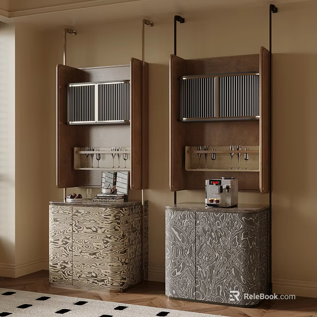 Modern Tea Cabinets With Wooden Bodies Metal Slats And Textured Panel Bases Including Coffee Machine 3d model 