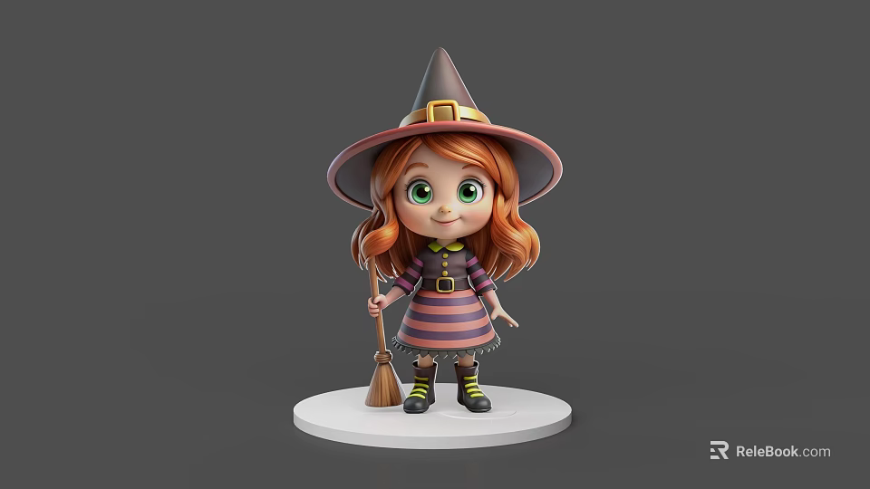 Cute Cartoon Witch Game Movie Character With Red Hair Striped Dress And Broomstick 3d model 
