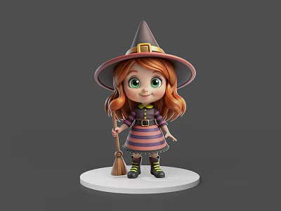 Cute Cartoon Witch Game Movie Character With Red Hair Striped Dress And Broomstick 3d model