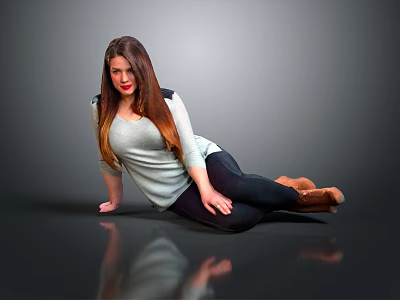 Woman Lying On Floor With Long Hair In Gray Top Dark Pants And Brown Shoes 3d model