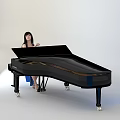 A woman in blue dress sitting on stool playing black PALMGREN piano
