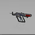 Futuristic Sci Fi Gun Weapon With Silver Metal Body Blue Accents Red Component And Emblem Details