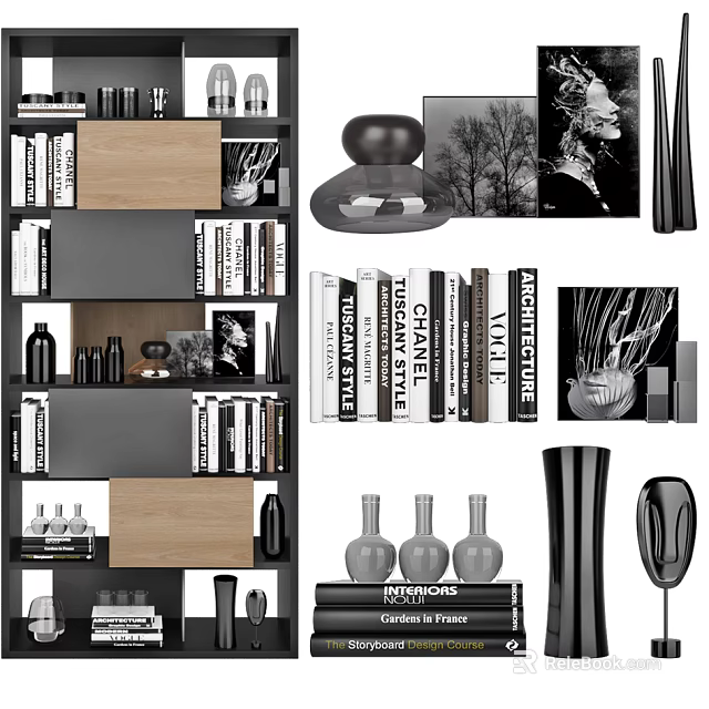 Modern Bookshelf Interior Design With Books Framed Pictures Decorative Vases Sculptures 3d model 