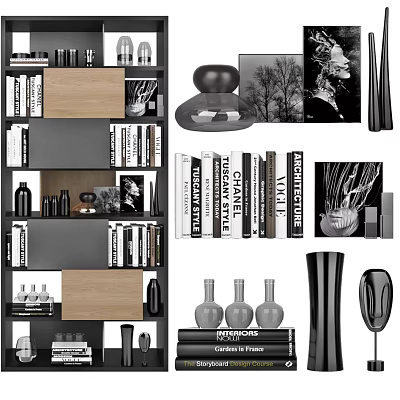 Modern Bookshelf Interior Design With Books Framed Pictures Decorative Vases Sculptures 3d model