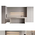 Modern Minimalist Kitchen Interior With Gray Cabinets Striped Island Counter And Soft Lighting