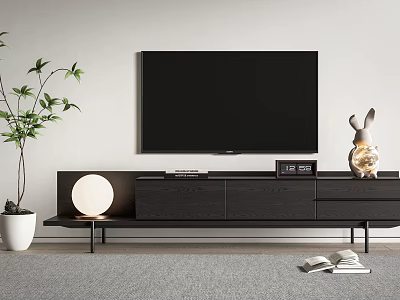 Modern Minimalist TV Stand With TV Decorative Rabbit Ornament Round Lamp Potted Plant And Books 3d model