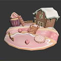 Festive Gingerbread House Scene With Cupcake Pink Sugar Surface Ladder Fence And Lollipop