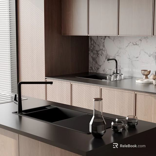 Modern Kitchen Black Sink With Faucet On Sleek Countertop And Cabinets 3d model 