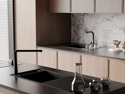 Modern Kitchen Black Sink With Faucet On Sleek Countertop And Cabinets 3d model