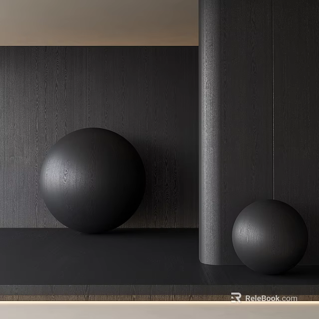 Black Sphere Sculptures Against Dark Wood Grain Wall With Gray Cylindrical Column On Dark Floor 3d model 