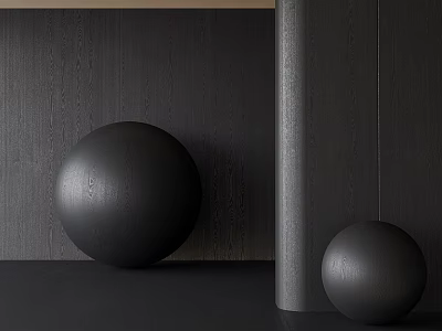 Black Sphere Sculptures Against Dark Wood Grain Wall With Gray Cylindrical Column On Dark Floor 3d model