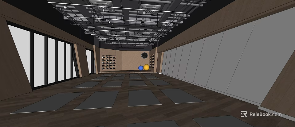 Fitness Workout Space With Gray Exercise Mats Colorful Balls Wall Equipment And Wooden Flooring 3d model 