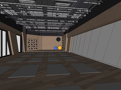 Fitness Workout Space With Gray Exercise Mats Colorful Balls Wall Equipment And Wooden Flooring 3d model