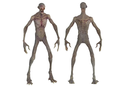 Creepy Skinny Game and Movie Character with Grayish Green Skin Prominent Ribs and Long Limbs 3d model