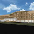 Modern Hotel Building With Wooden Exterior And Glass Curtain Walls Front Steps And Central Fountain